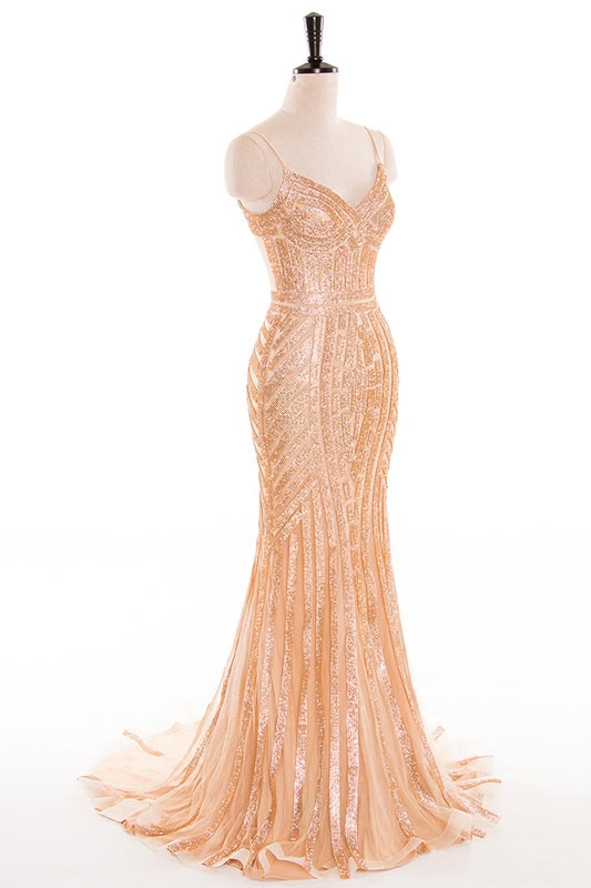 robe de soirée dorée en sequin sirène