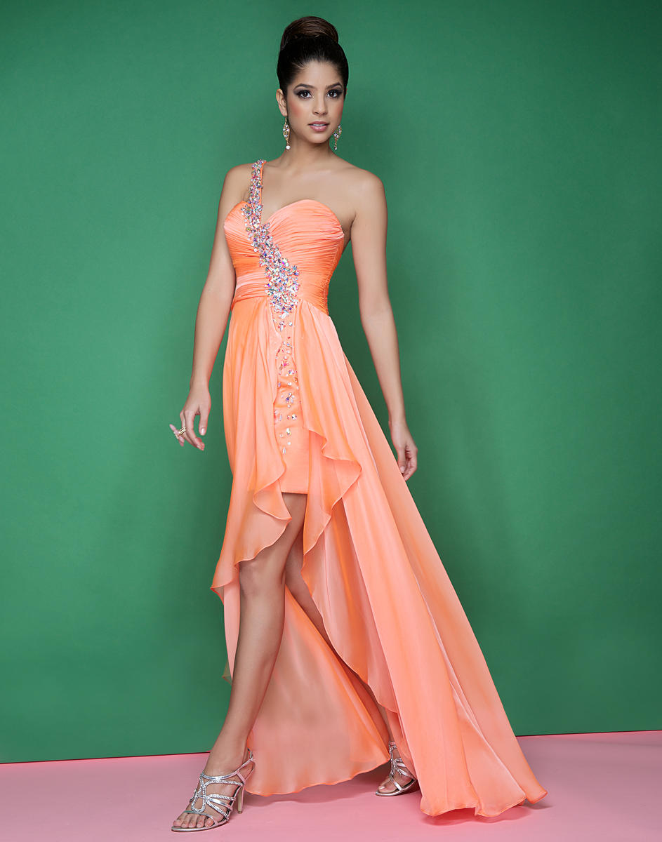 robe courte devant longue derrière orange asymétrique orné de strass