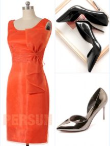 robe de cocktail orange courte orné de noeud papillon et escarpin à talon haut