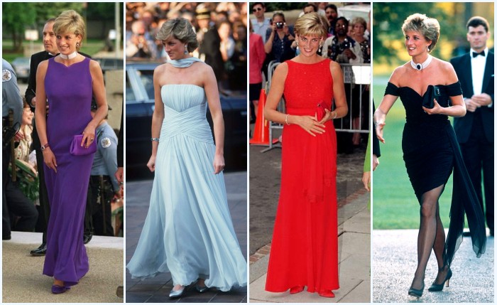 robes de soirée violette, bleu pale, rouge et noire de Princesse Diana