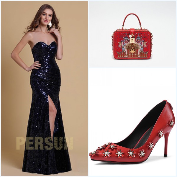 robe bleu marine longue, sac et escarpins rouges