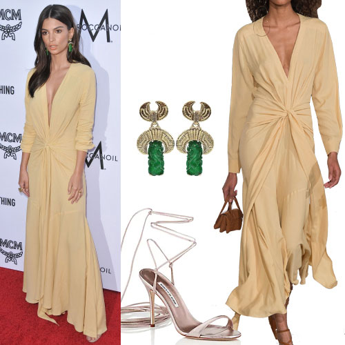 robe jaune et accessoires Emily Ratajkowski