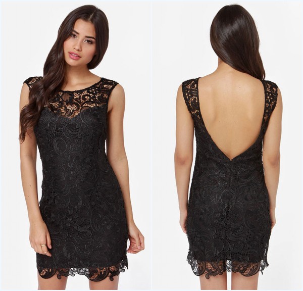 robe de cocktail noire courte en dentelle dos nu