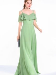 robe longue de soirée verte pour mariage épaule dégagé