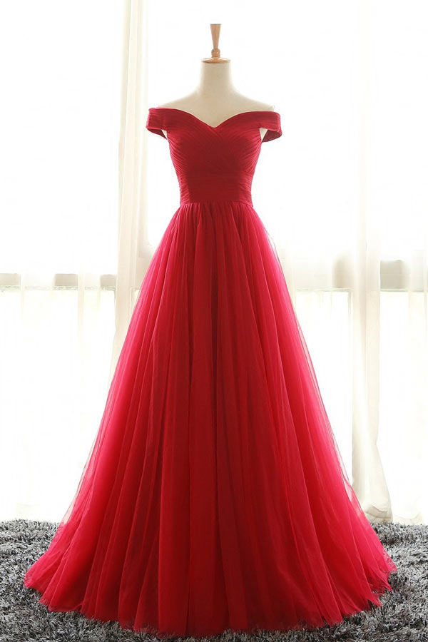 robe de soirée rouge princesse épaule dégagé en tulle