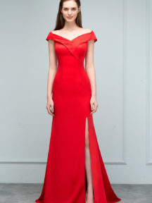 robe de soirée rouge longue fendue épaule dénudé