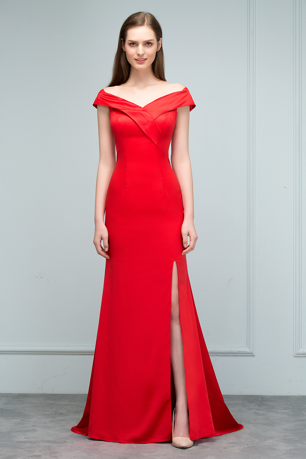 robe de soirée rouge longue fendue épaule dénudé