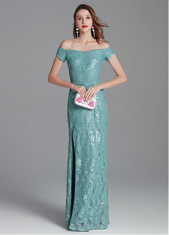 robe de soirée épaule dénudé fendue en sequin