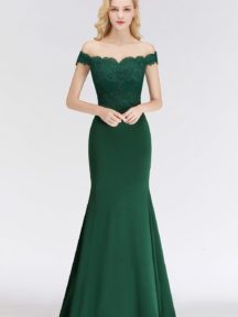 robe de soirée longue verte sirène col bardot appliqué de dentelle