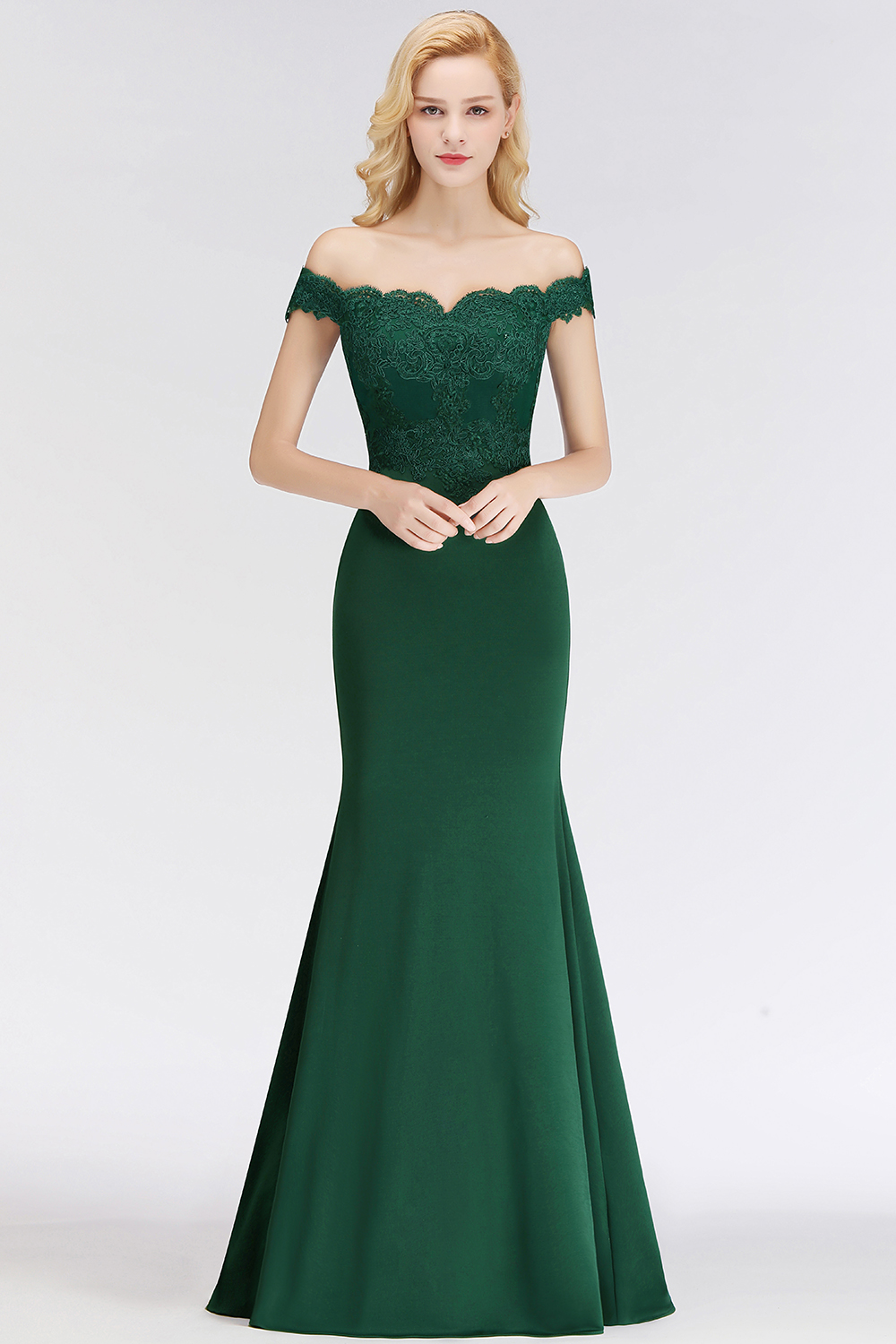 robe de soirée longue verte sirène col bardot appliqué de dentelle