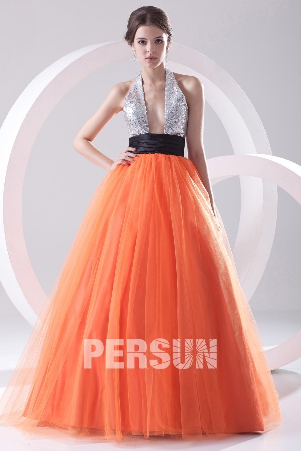 robe de soirée sexy orange et argenté col décolleté en V plongeant