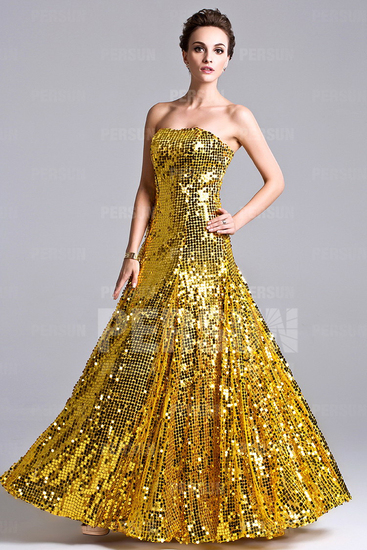 robe de soirée dorée longue en sequin