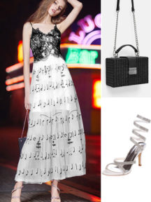 Robe de soirée bicolore noir & blanche brodée de notes musicales, sac noire caré et sandales avec brides orné de strass