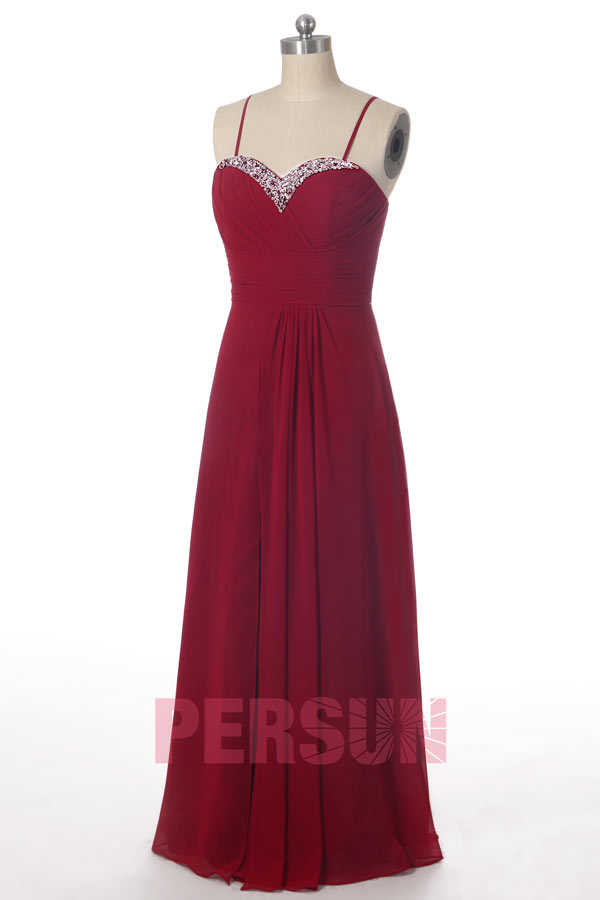 Robe longue fendue pour soirée décolleté en cœur bustier avec bretelle fine