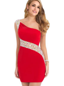 robe de cocktail rouge asymétrique fourreau orné de strass