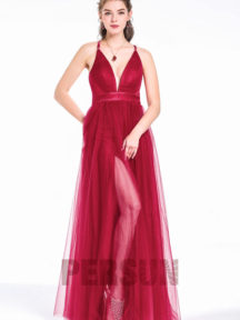 Sexy Robe rouge pourpre fendue V plongeant dos nu