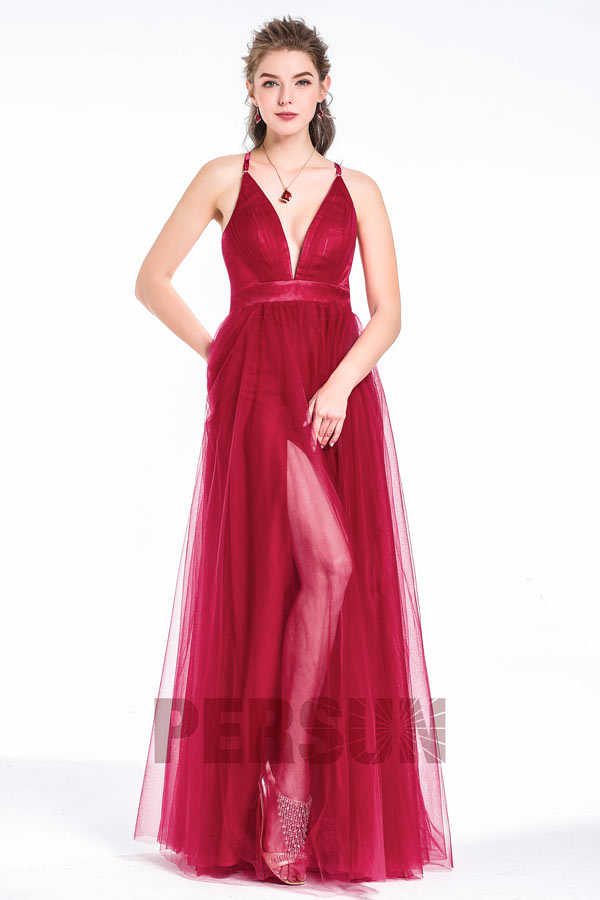 Sexy Robe rouge pourpre fendue V plongeant dos nu