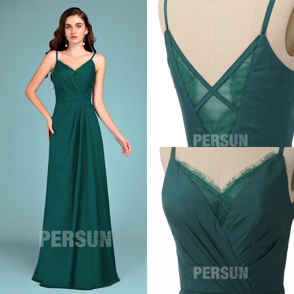 robe de soirée simple longue verte foncé col et dos décolleté en v en dentelle appliquée ornée de cils