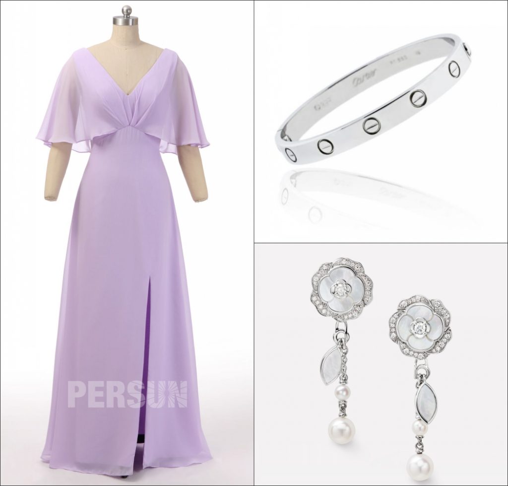 élégante robe de cocktail lilas longue col v à manche volant mi-longue avec fente latérale et des accessoires argentes