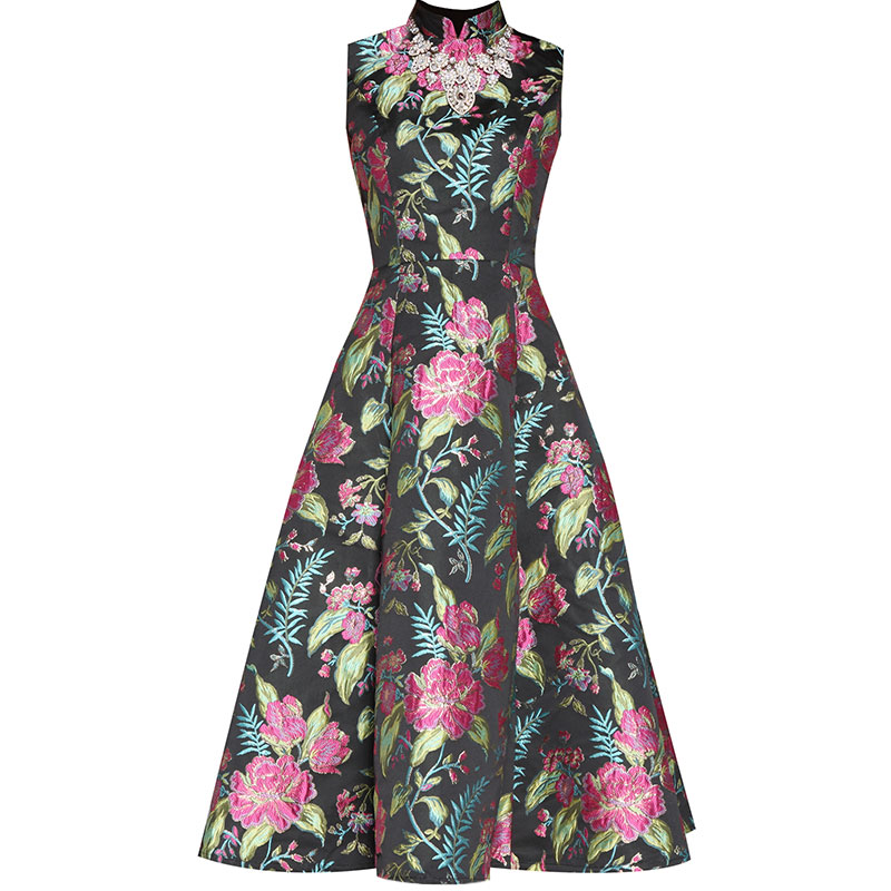 robe de cocktail mi-longue brodé fleur col montant 