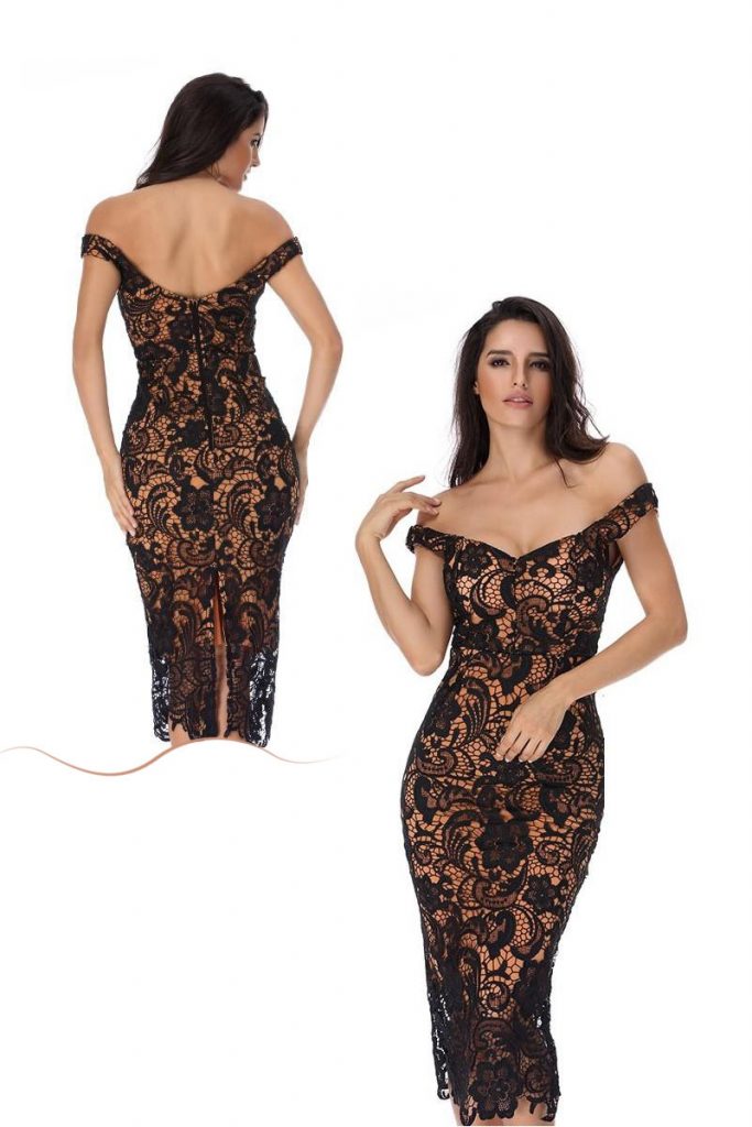 robe de cocktail fourreau courte en dentelle noire épaule dénudé