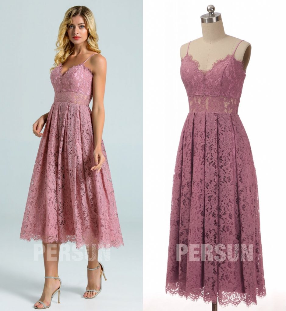 robe de cocktail courte rose en dentelle col v feston avec bretelle fine