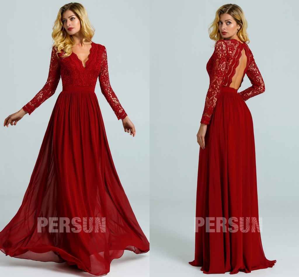 robe cocktail longue bordeaux col v haut en dentelle avec manche longue
