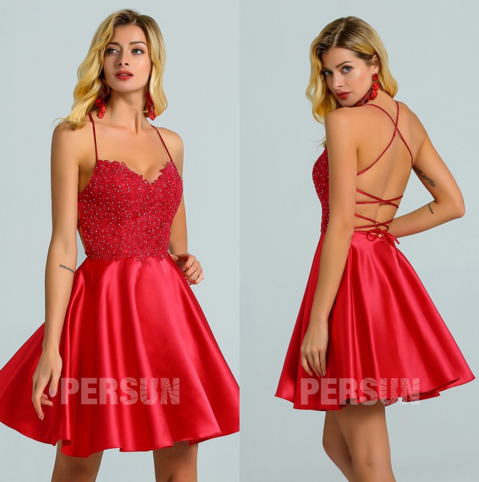 robe de cocktail sexy courte rouge dos ouvert à lacet bustier en dentelle appliquée