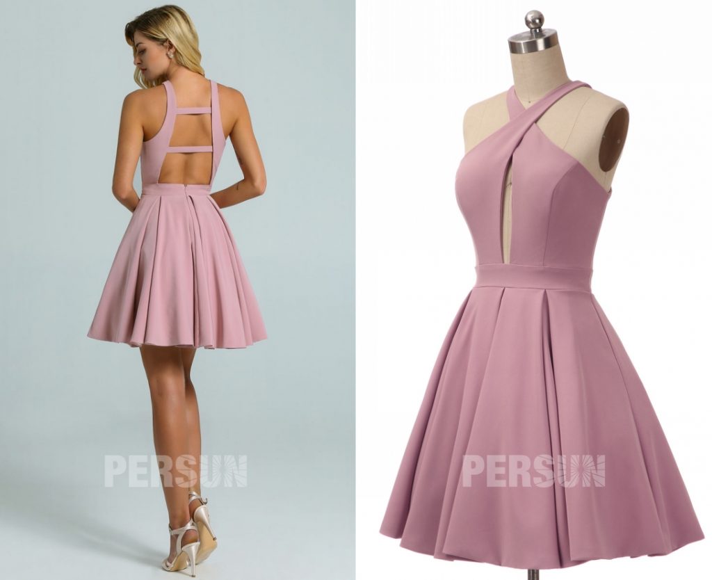 robe cocktail courte rose parme patineuse bustier et dos découpé 