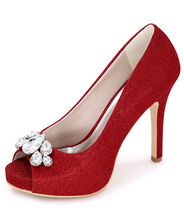 escarpin rouge à bout ouvert talon haut embelli de strass en paillettes