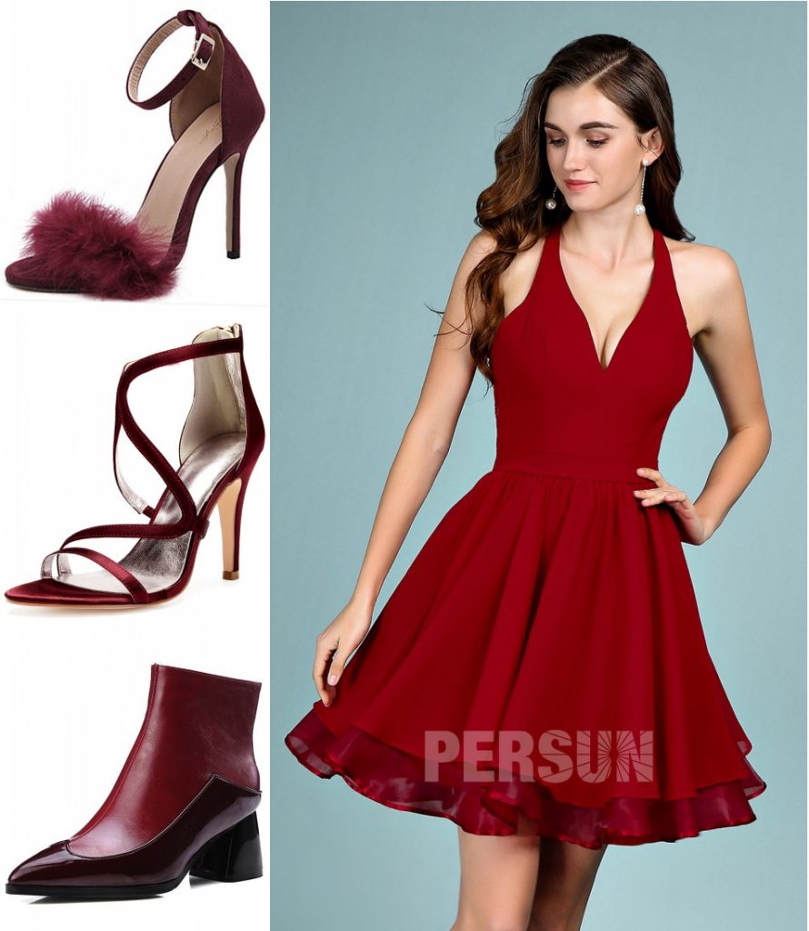 robe de cocktail courte patineuse bordeaux encolure halter