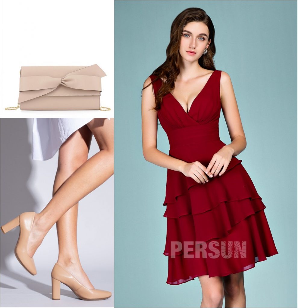 robe de cocktail courte bordeaux simple col v plissé