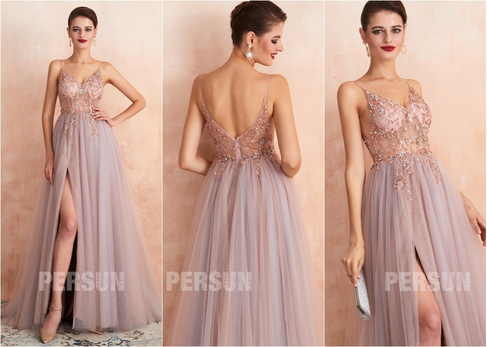 robe de soirée longue parme fendue sexy haut transparent ornée de bijoux