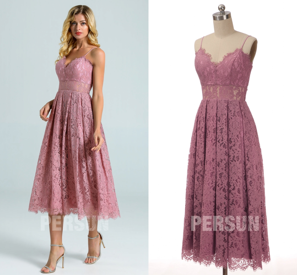 robe de cocktail mi-longue rose en dentelle parme taille illusion avec bretelle fine