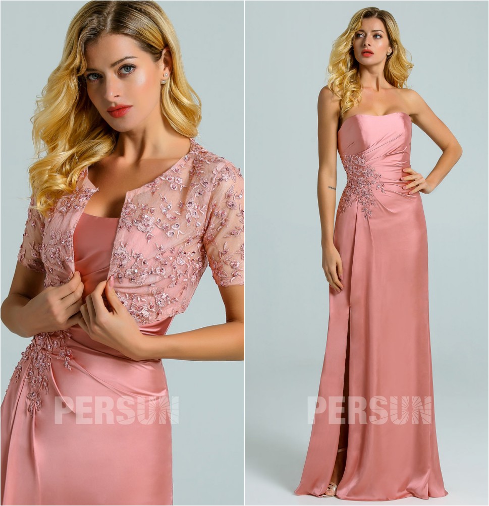 robe de soirée longue rose carnation fendue bustier avec veste appliquée manche courte