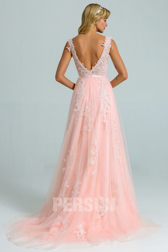 Robe rose longue dos nu dentelle pour mariage