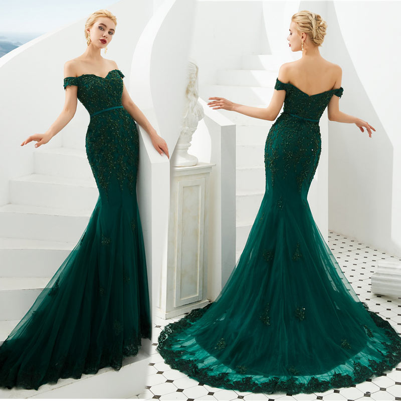 Robe sirène verte foncé encolure bardot