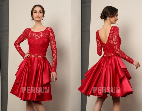 Robe rouge deux pièces haut en dentelle avec manches longues