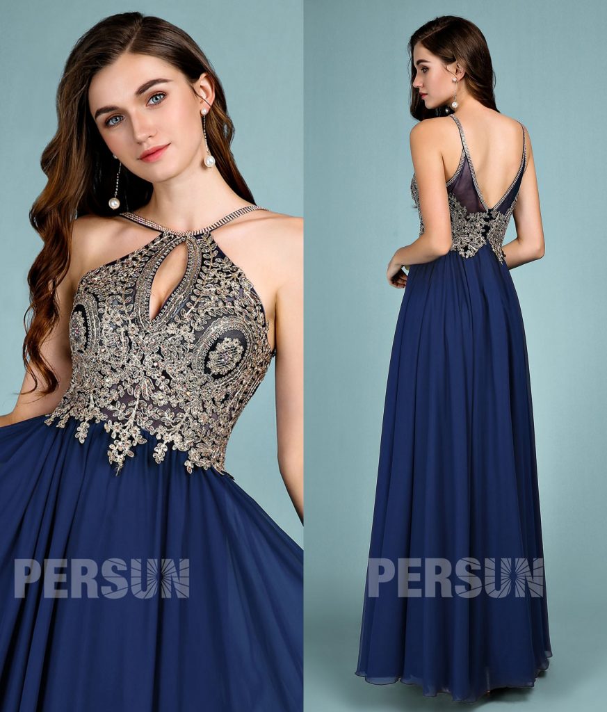 Robe soirée longue bleue décolleté ajouré en encolure américaine