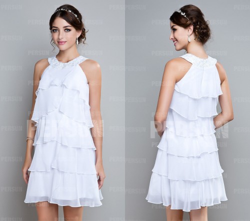 Robe de cocktail courte blanche à volants