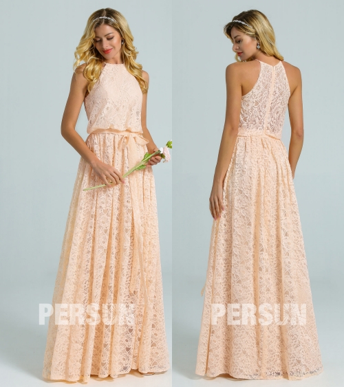 Robe longue nude col américain avec ceinture en dentelle