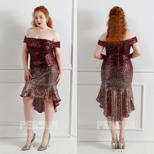 Robe de cocktail grande taille fourreau encolure bardot en sequins scintillante