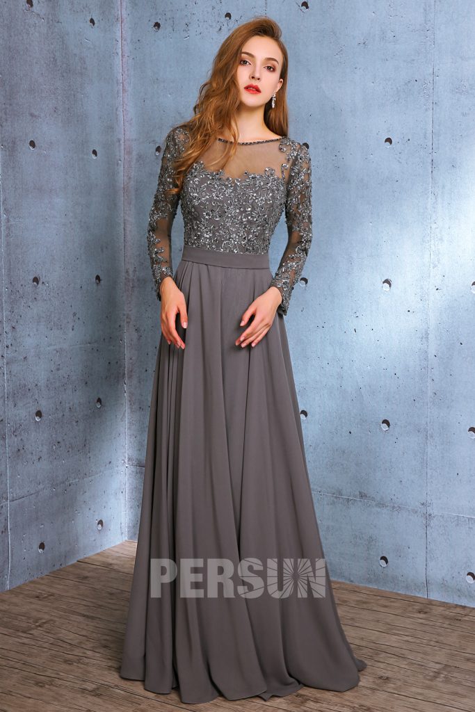 Robe longue de soirée grise à manche longue avec appliques & paillettes