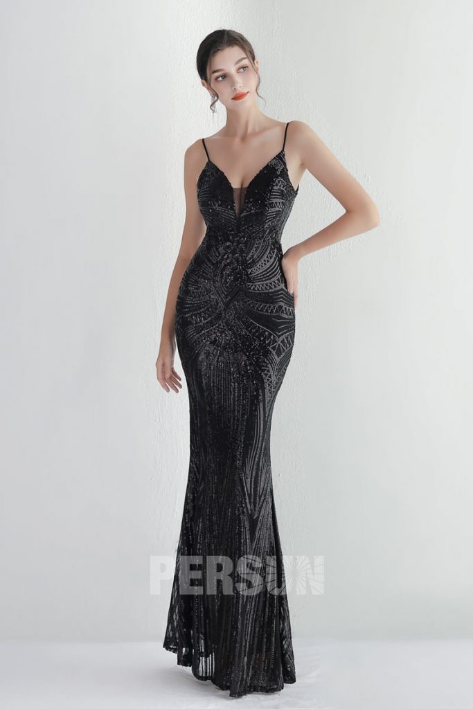 Robe soirée sirène noire en sequins scintillante